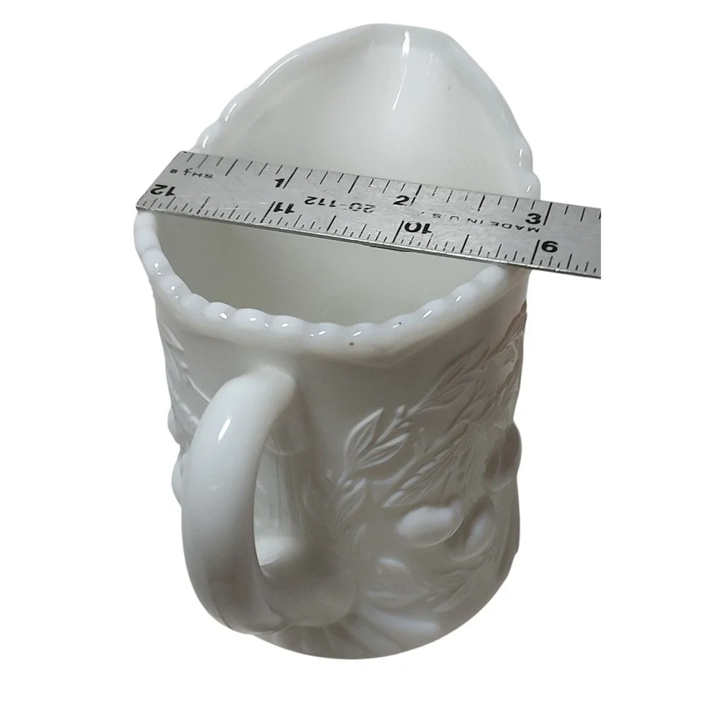 Vintage LG Wright Creamer White Milk‎ Glass Cherries Pattern Glass Pitcher Vase